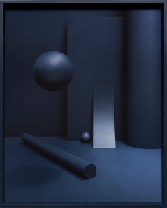 Image: Liat Elbling, A Leap of Imagination #4, 2018. An arrangement of dark blue shapes lay in a dark blue room.