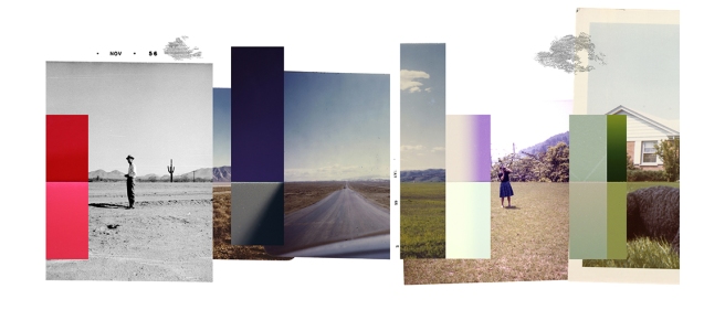 Image: We Have Been Where You Are Going (Horizon III), 2015. An image of collaged photographs of various colors and sizes forming a horizon line.
